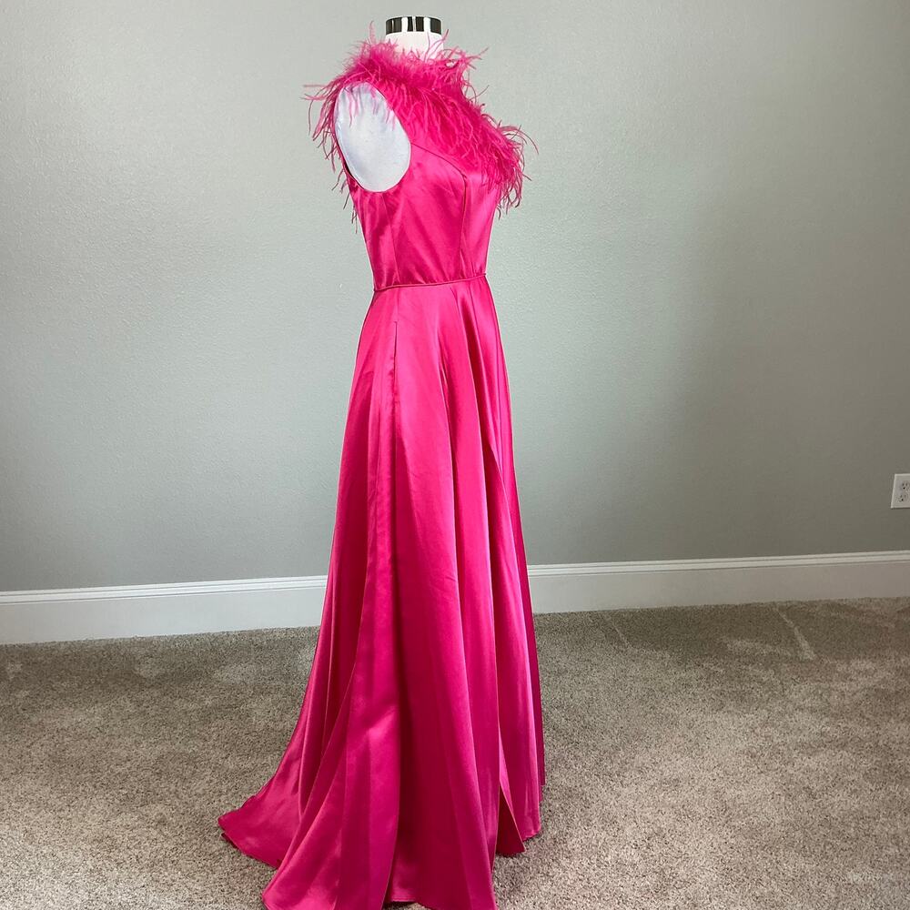 Mac Duggal 11684 Pink Evening Gown Satin One Shoulder Feather Trim Dress Size 4 - Picture 3 of 11